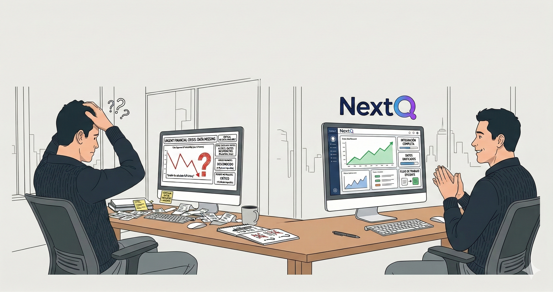 Ilustración de implementación de ERP Odoo que transforma procesos desordenados en sistemas empresariales organizados